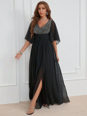 V-Neck Sparkle Sequin Splicing Slit Bridesmaid Maxi Dress