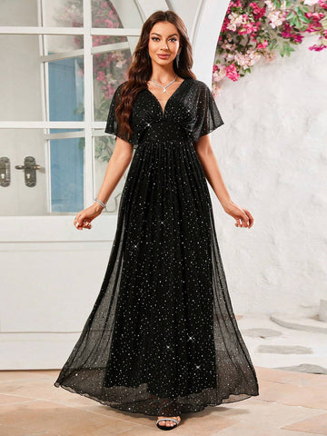 V-Neck Sparkling Small Sequins Evening Formal Dress