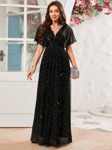 V-Neck Sparkling Small Sequins Evening Formal Dress