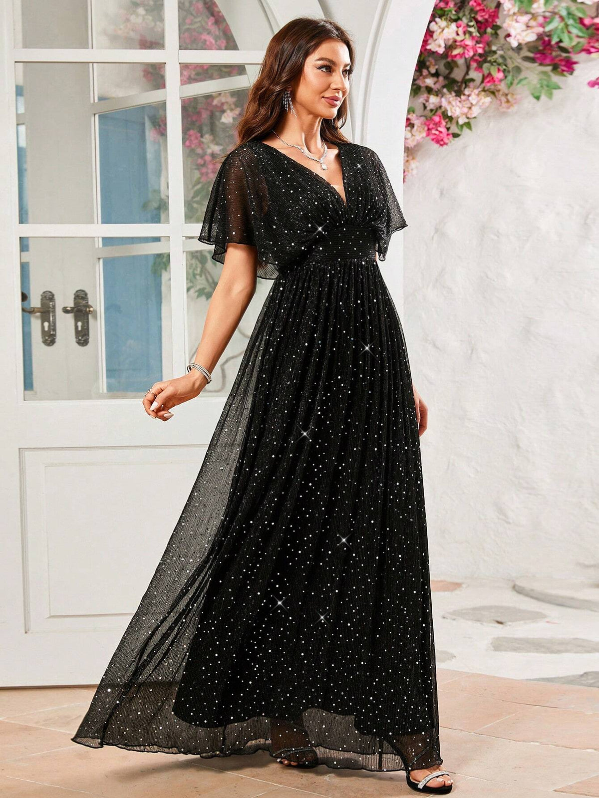 V-Neck Sparkling Small Sequins Evening Formal Dress