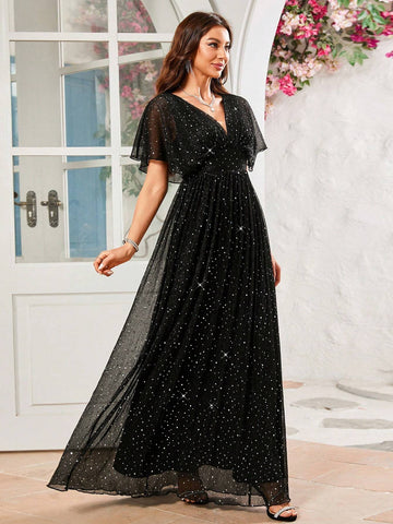 V-Neck Sparkling Small Sequins Evening Formal Dress