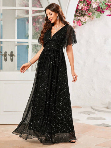 V-Neck Sparkling Small Sequins Evening Formal Dress