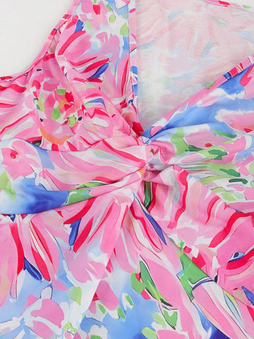 V-Neck Tie-Dye Print Twist Front Sleeveless Summer Dress