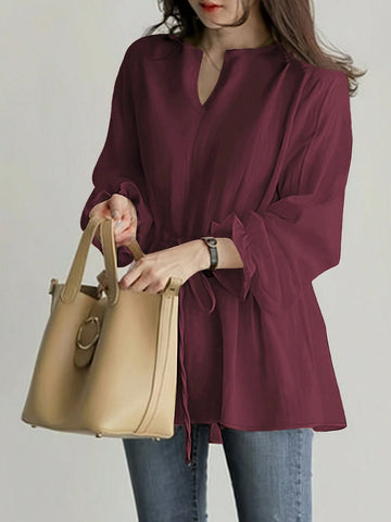 V-Neck Versatile Tie Waist Blouse, Women Cross-Border New Vintage Casual Loose Long Sleeve Shirt