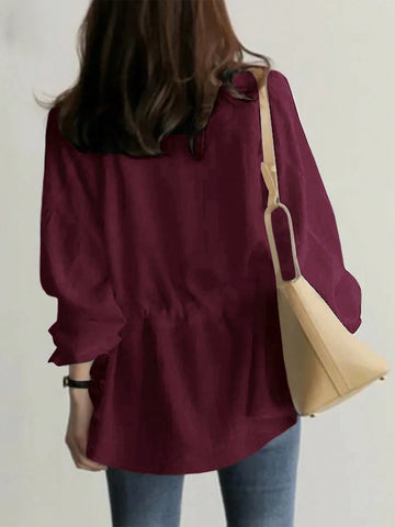 V-Neck Versatile Tie Waist Blouse, Women Cross-Border New Vintage Casual Loose Long Sleeve Shirt
