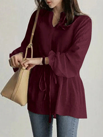 V-Neck Versatile Tie Waist Blouse, Women Cross-Border New Vintage Casual Loose Long Sleeve Shirt