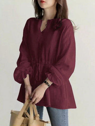 V-Neck Versatile Tie Waist Blouse, Women Cross-Border New Vintage Casual Loose Long Sleeve Shirt