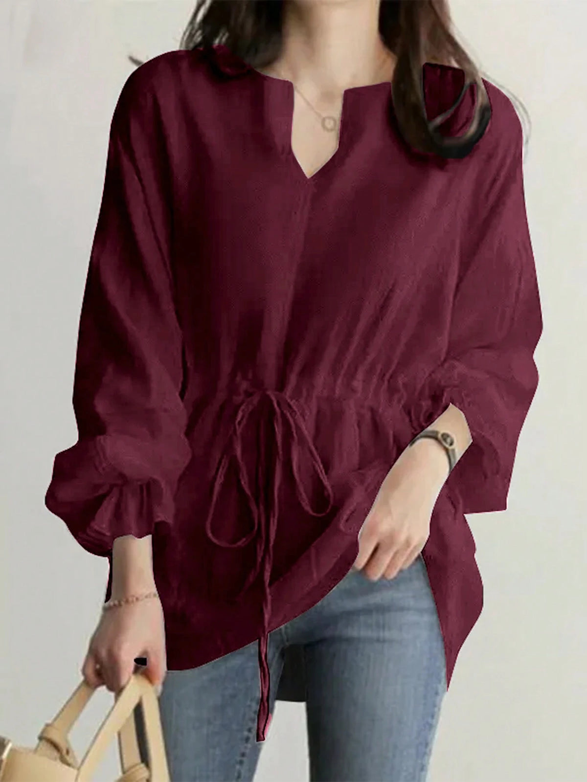 V-Neck Versatile Tie Waist Blouse, Women Cross-Border New Vintage Casual Loose Long Sleeve Shirt