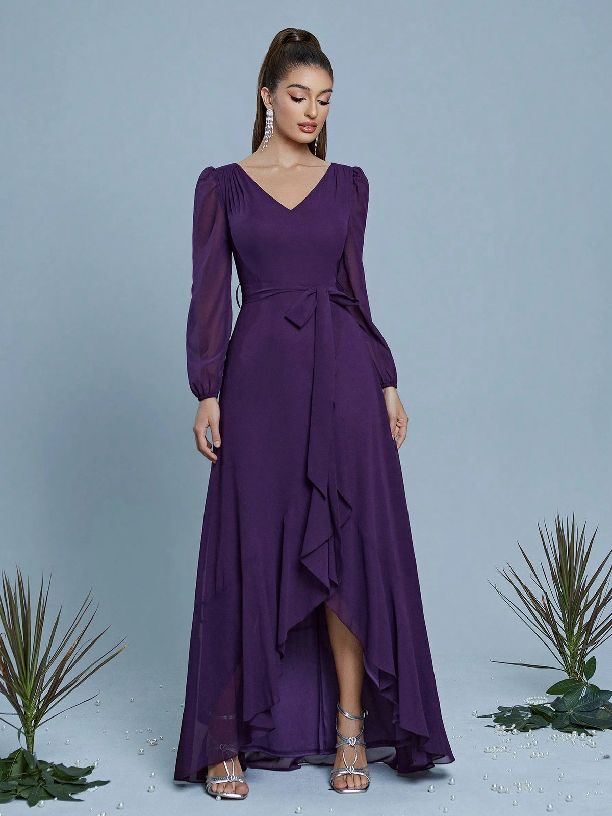 V-Neck Waistband Ruffle Hem Chiffon Bridesmaid Dress