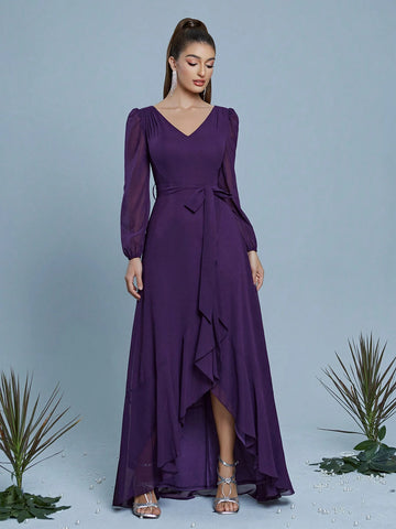V-Neck Waistband Ruffle Hem Chiffon Bridesmaid Dress