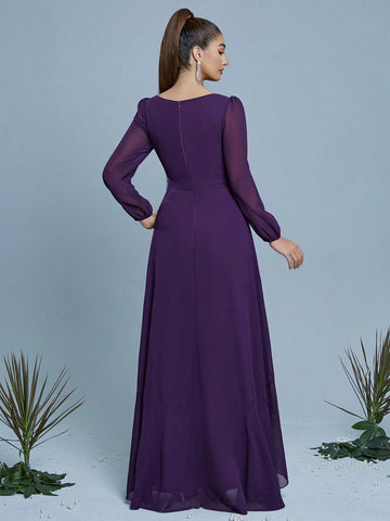 V-Neck Waistband Ruffle Hem Chiffon Bridesmaid Dress