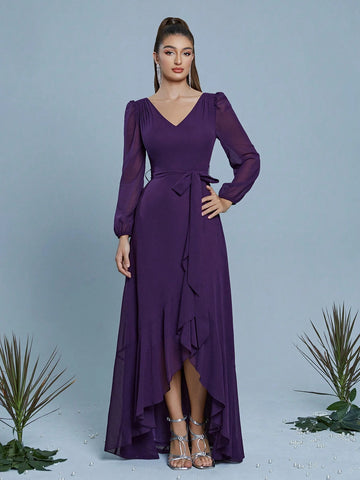 V-Neck Waistband Ruffle Hem Chiffon Bridesmaid Dress