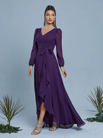 V-Neck Waistband Ruffle Hem Chiffon Bridesmaid Dress