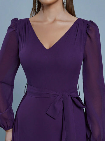 V-Neck Waistband Ruffle Hem Chiffon Bridesmaid Dress