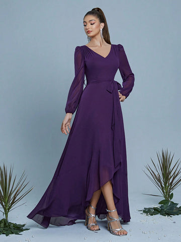 V-Neck Waistband Ruffle Hem Chiffon Bridesmaid Dress