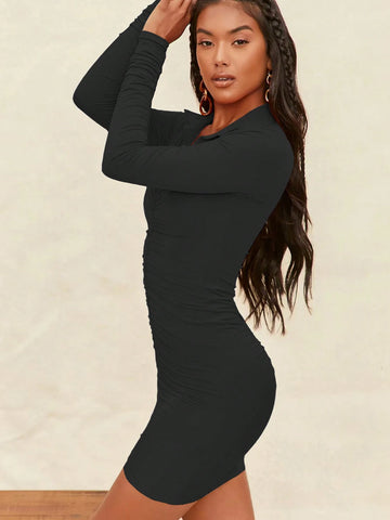 V-Neck Women's Solid Color Long Sleeve Casual Dress, Simple & Fashionable For Everyday Wear