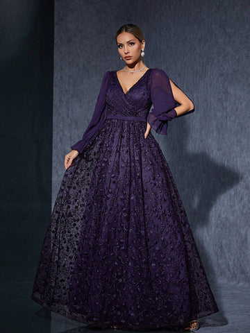 V-Neck Wrap Front Long Sleeve High-End Evening Dress With Embroidery And Split Hem