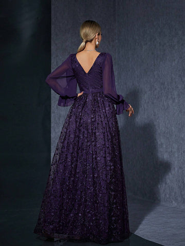 V-Neck Wrap Front Long Sleeve High-End Evening Dress With Embroidery And Split Hem