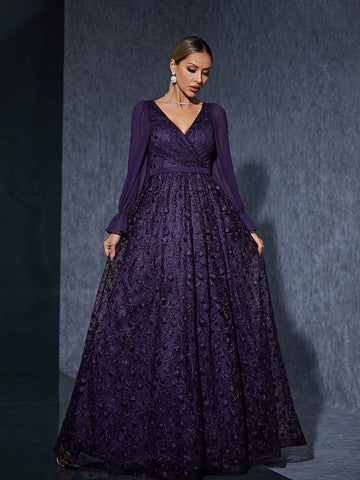 V-Neck Wrap Front Long Sleeve High-End Evening Dress With Embroidery And Split Hem