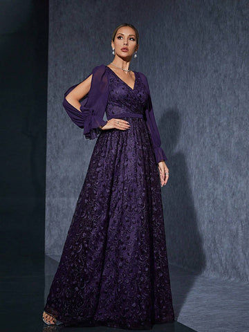 V-Neck Wrap Front Long Sleeve High-End Evening Dress With Embroidery And Split Hem