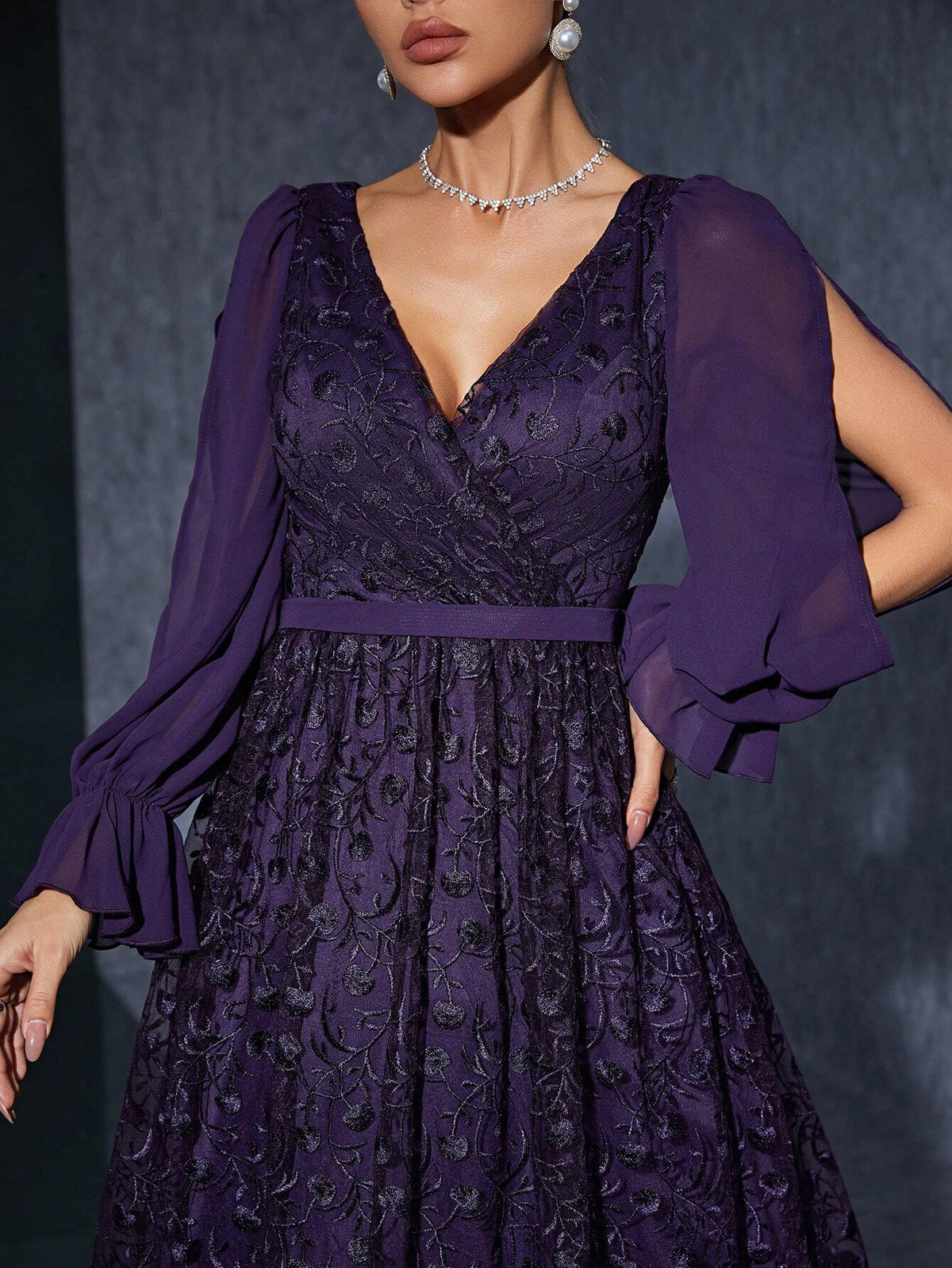 V-Neck Wrap Front Long Sleeve High-End Evening Dress With Embroidery And Split Hem