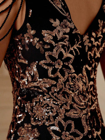 V-Neckline Sequin Patchwork Slim-Fit Formal Dress