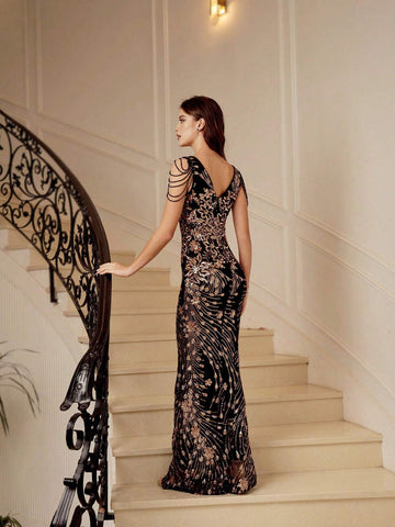 V-Neckline Sequin Patchwork Slim-Fit Formal Dress