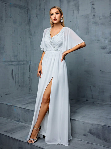 V-neck Lace Decorated Ruched Bodice Flutter Sleeve Chiffon A-line Wedding Dress With Train