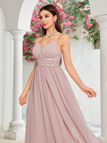 V-neck Ruffled Lace Hem Chiffon Maxi Dress