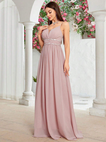 V-neck Ruffled Lace Hem Chiffon Maxi Dress