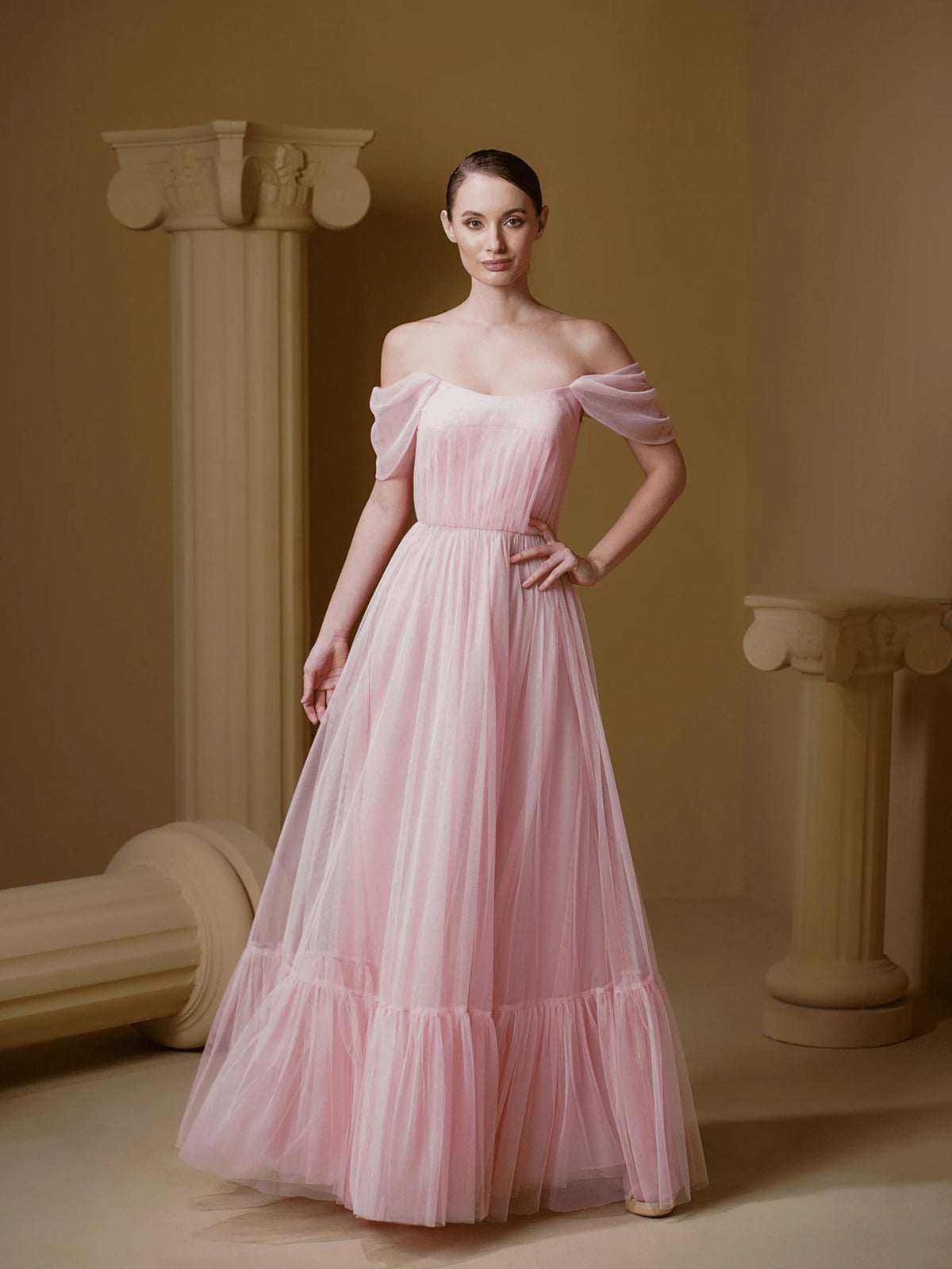 V.DRESSES Pink Pleated Tulle Wedding Bridesmaid Dress
