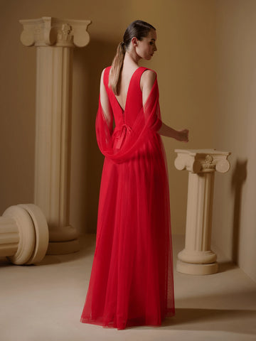 V.DRESSES Red Tulle Strap Wedding Bridesmaid Gown Off-Shoulder Dress