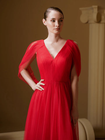 V.DRESSES Red Tulle Strap Wedding Bridesmaid Gown Off-Shoulder Dress