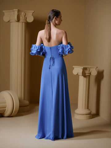 V.DRESSES Sky Blue One-Shoulder Elegant Bridesmaid Dress A-Line Slit Dress