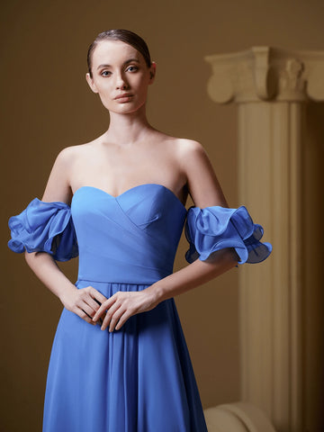 V.DRESSES Sky Blue One-Shoulder Elegant Bridesmaid Dress A-Line Slit Dress