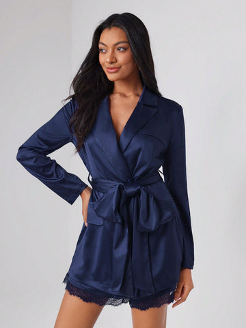 Lapel Collar Lace Trim Belted Satin Romper