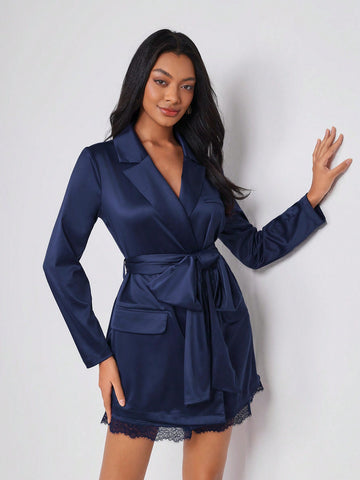 Lapel Collar Lace Trim Belted Satin Romper