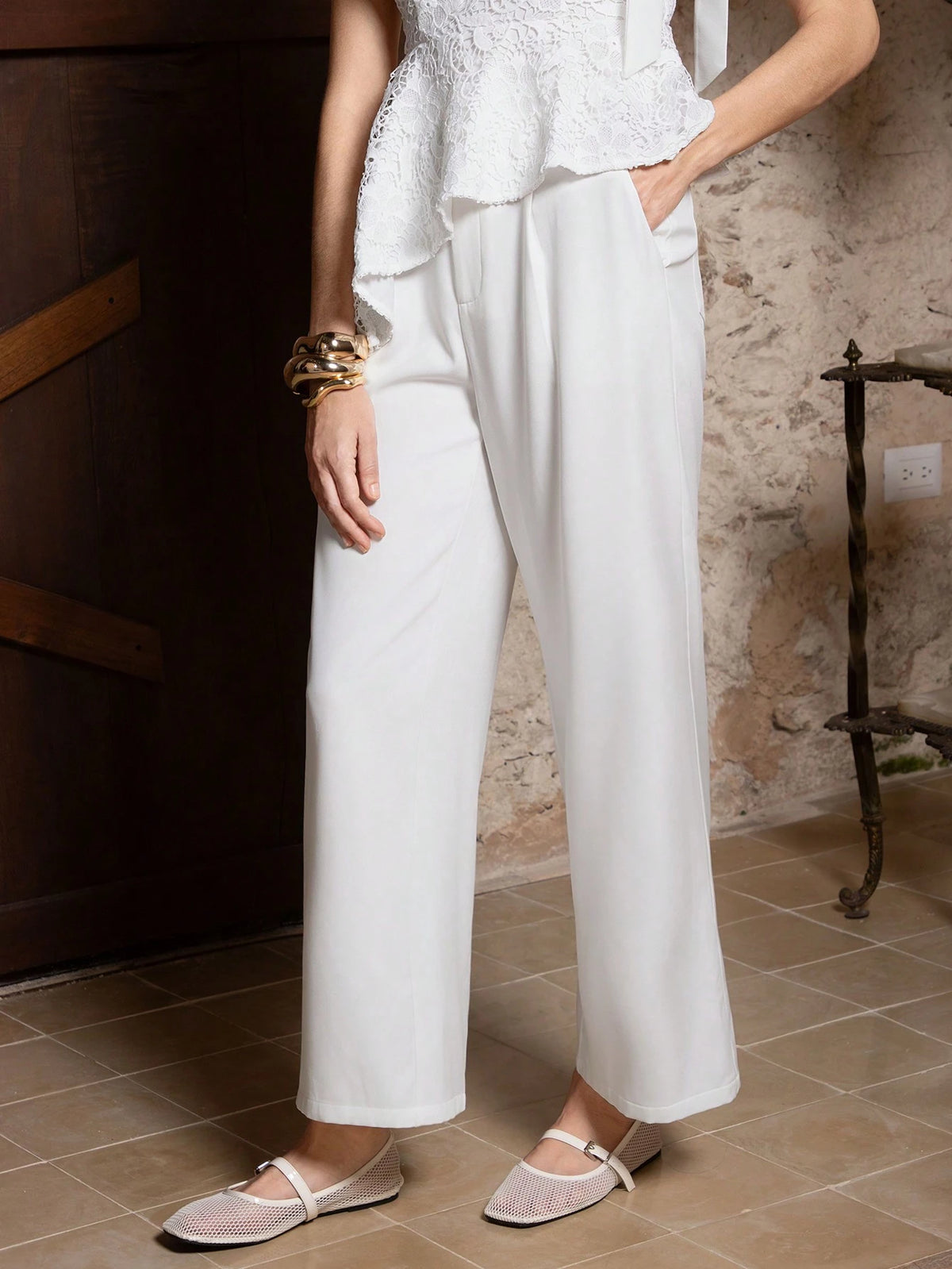 VERO DIAZ Women's White Wide-Leg Casual High-Waisted Pants