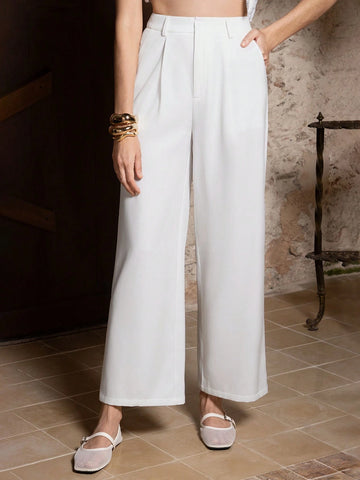 VERO DIAZ Women's White Wide-Leg Casual High-Waisted Pants