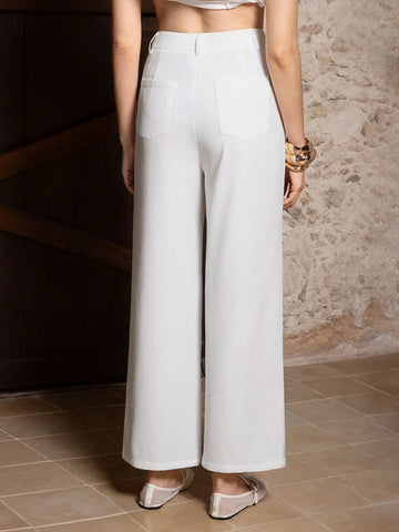 VERO DIAZ Women's White Wide-Leg Casual High-Waisted Pants