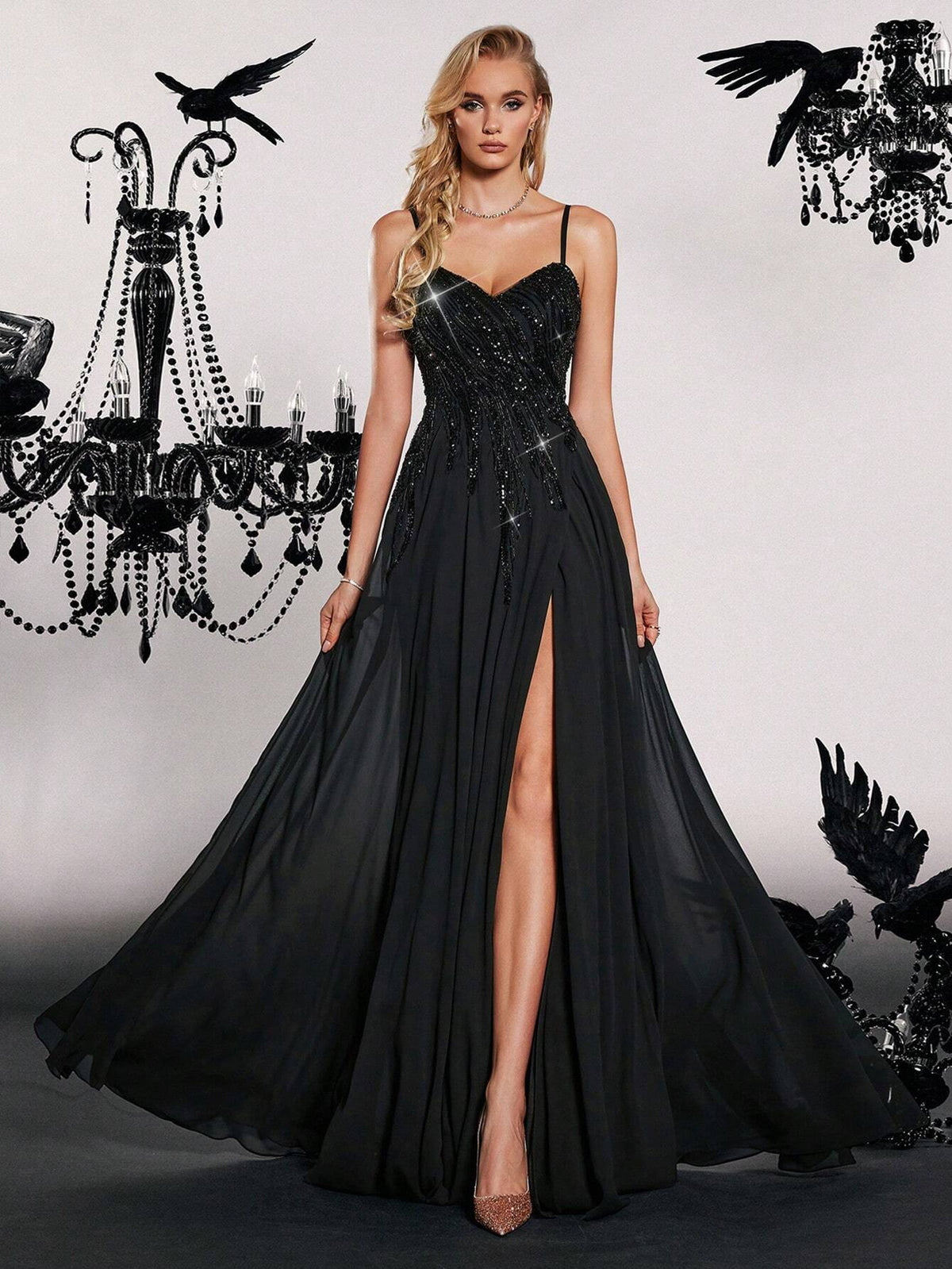 VIPGIRL Black Sequin Chiffon High Slit Formal Dress With High-End Appeal, Suitable For Evening Party