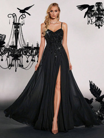 VIPGIRL Black Sequin Chiffon High Slit Formal Dress With High-End Appeal, Suitable For Evening Party
