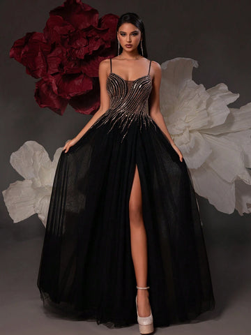 VIPGIRL Black Spaghetti Strap High Waist Elegant Women Maxi Evening Party Dress That Flatters Leg