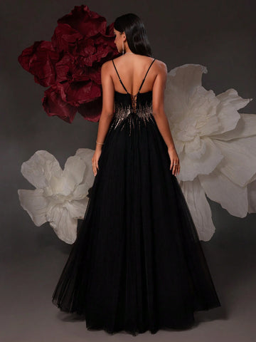 VIPGIRL Black Spaghetti Strap High Waist Elegant Women Maxi Evening Party Dress That Flatters Leg