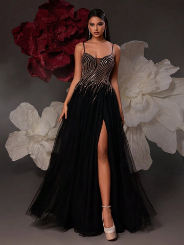 VIPGIRL Black Spaghetti Strap High Waist Elegant Women Maxi Evening Party Dress That Flatters Leg