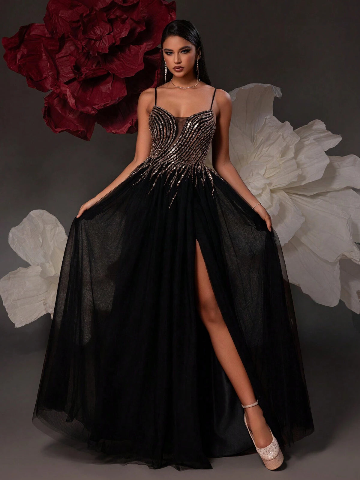 VIPGIRL Black Spaghetti Strap High Waist Elegant Women Maxi Evening Party Dress That Flatters Leg