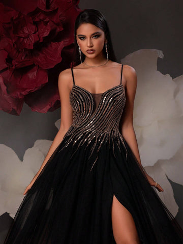 VIPGIRL Black Spaghetti Strap High Waist Elegant Women Maxi Evening Party Dress That Flatters Leg