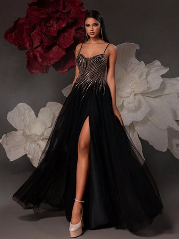 VIPGIRL Black Spaghetti Strap High Waist Elegant Women Maxi Evening Party Dress That Flatters Leg