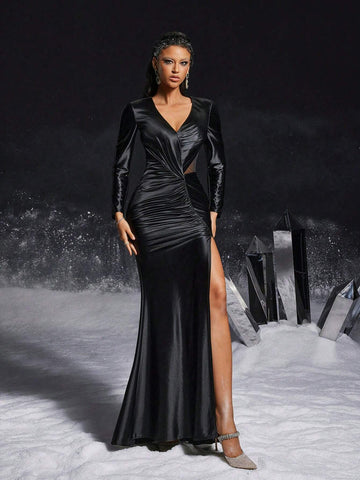 VIPGIRL Black V-Neck Mermaid Gown With High Slit - Formal Evening Dress For Women