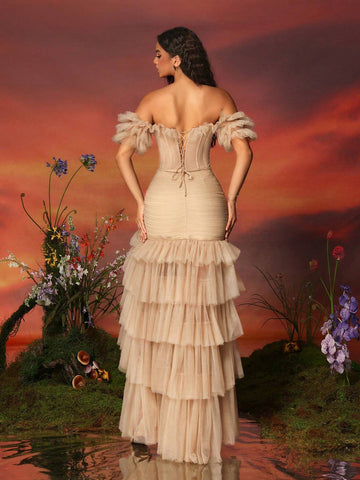 VIPGIRL Blue Off Shoulder Tulle Ball Gown Skirt Women's Evening Dress Long